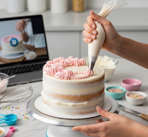 manos decorando un pastel con manga pastelera